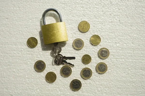 locked money concept.  coins, keys and lock isolated on white background. Top view.