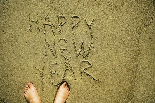 Pláži Šťastný Nový Rok Šťastný Nový Rok Rukopis Písečné Pláži — Stock fotografie
