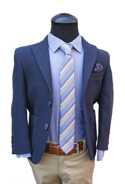 模特穿着蓝色西装 打着领带在Intro服装店的特写 — 图库照片