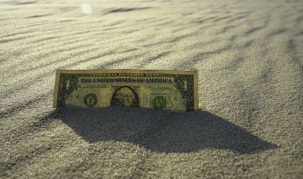 Jeden Banknot Dolara Amerykańskiego Gorącym Piasku Pustyni — Zdjęcie stockowe