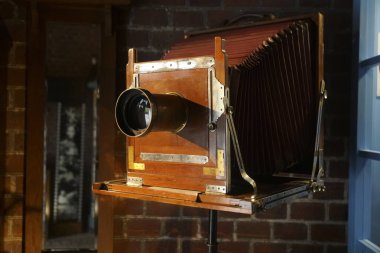 Vintage rare Wooden Large or big Format cameras were some of the earliest photographic devices, and before enlargers were common, it was normal to just make 1:1 contact prints from a negative. clipart