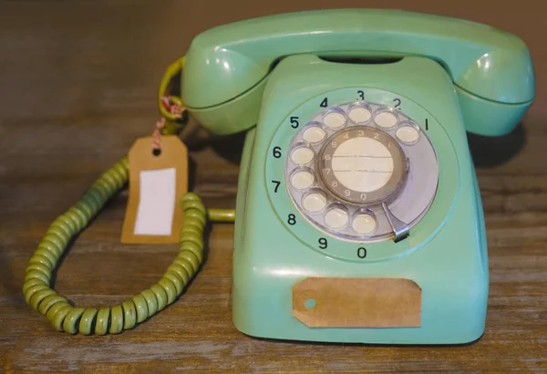Old School Light Blue Telephone Wooden Table Background Telecommunication Vintage — Stock Photo, Image