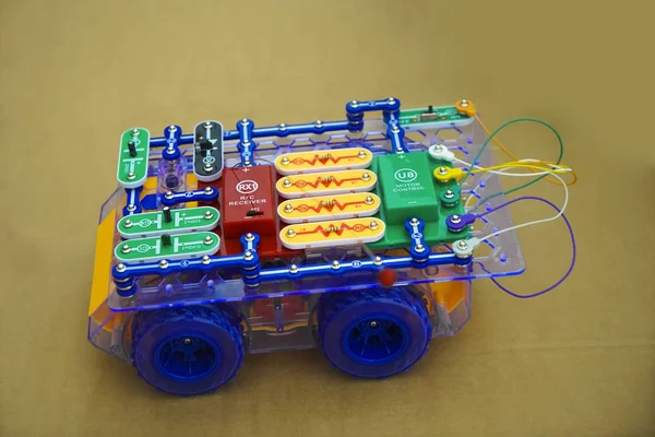 Servo motor circuit on the robot. Closeup Shot of Electronic Car Controlled by Programming with Sensors