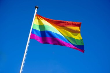 Rainbow flag (LGBT movement) on the sunny blue sky background  clipart
