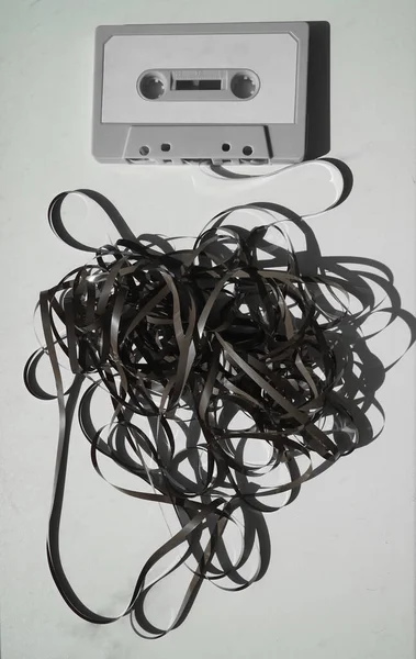 Cassete Com Bagunça Fita Processo Imagem Retro Cassete Áudio Comum — Fotografia de Stock