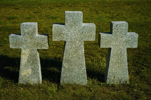 Three Gray Granite Crosses Side Side Memory Dead Concept Close — Stock Photo, Image