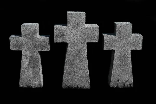 Three Gray Granite Crosses Side Side Memory Dead Concept Close — Stock Photo, Image