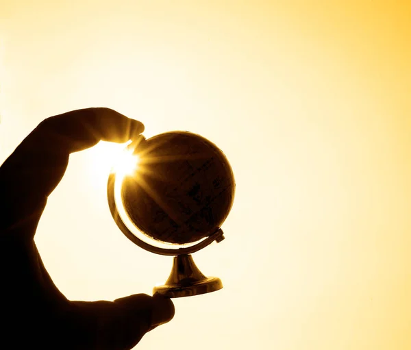 Silhouette Globe Male Hand Sun Sunrise Sky — Stock Photo, Image