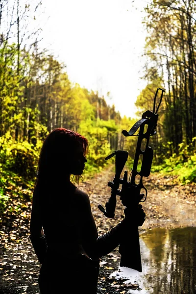 Silhouette Woman Shooting Gun — Stock Photo, Image
