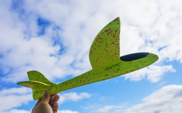 Man Playing Green Toy Airplane Hand Male Holding Toy Airplane — Stock Photo, Image