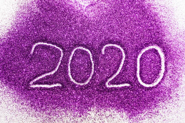 Kaart Met Tekst Happy 2020 Nieuwjaar Van Paarse Glitter Witte — Stockfoto