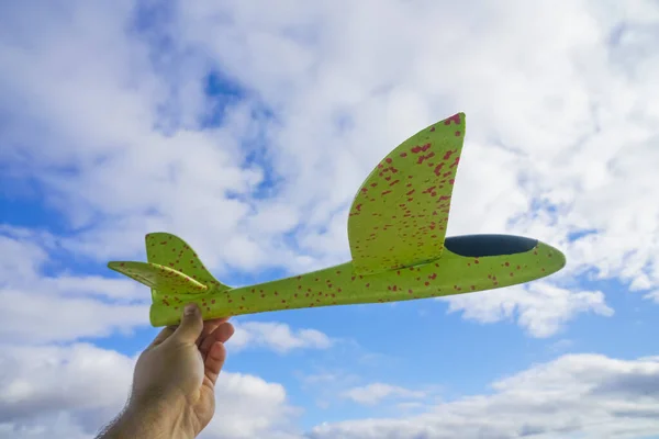 Man Playing Green Toy Airplane Hand Male Holding Toy Airplane — Stock Photo, Image