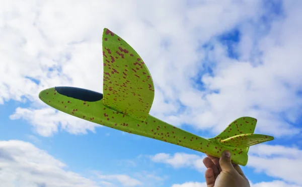 Man Playing Green Toy Airplane Hand Male Holding Toy Airplane — Stock Photo, Image