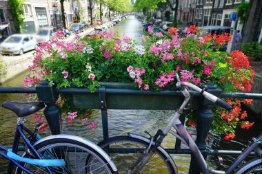Amsterdam, Hollanda 'da bir köprüye parketmiş bisikletler. Amsterdam, Hollanda 'da köprüde bisiklet. Yaz mevsimi.