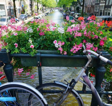 Amsterdam, Hollanda 'da bir köprüye parketmiş bisikletler. Amsterdam, Hollanda 'da köprüde bisiklet. Yaz mevsimi.