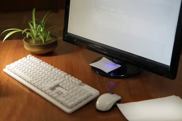 个人电脑 带有记事本 鼠标和绿色植物在棕色的木制桌子上 空的白色屏幕 — 图库照片