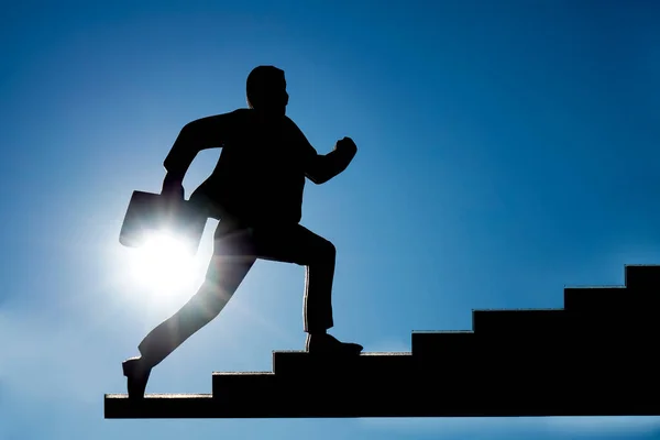 Silhouette Businessman Case Running Steep Stairs Sunny Heaven Background Concept — Stock Photo, Image