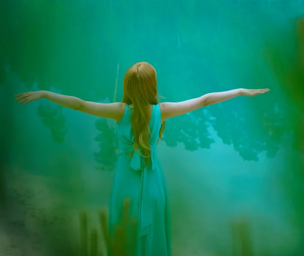 站在风景秀丽的平静湖畔的女人举起双手 穿着蓝色长裙的小女孩 夏天一个人站在湖边 周末在户外 背景色 — 图库照片