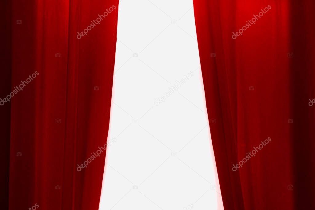 Red curtains at white background. Red drop curtain with white empty copy space