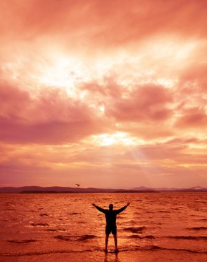 A young man is standing on the shore. The view from the back.  Hands raised up.  Freedom and achievement. dramatical. dramatic sunlight through thunderclouds clipart