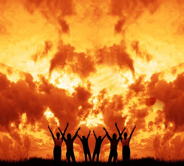 Silhouette Six People Two Women Man Raise Arms Joyfully Sunset — Stock Photo, Image