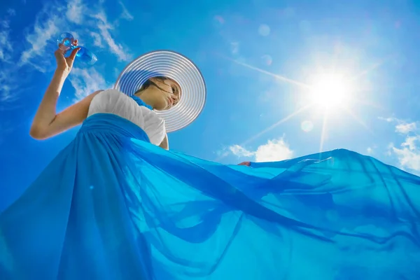 Low Angle Shooting Attractive Young Woman Wearing Long Blue Dress — Stock Photo, Image