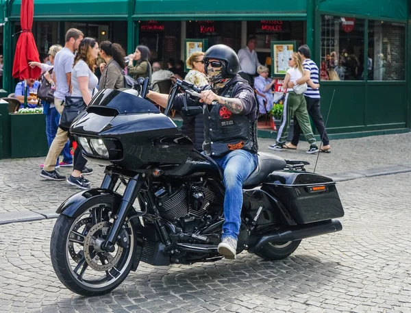 Brugge Belgium July 2018 Young Man Helmet Leather Jacket Motorcycle — Stock Photo, Image