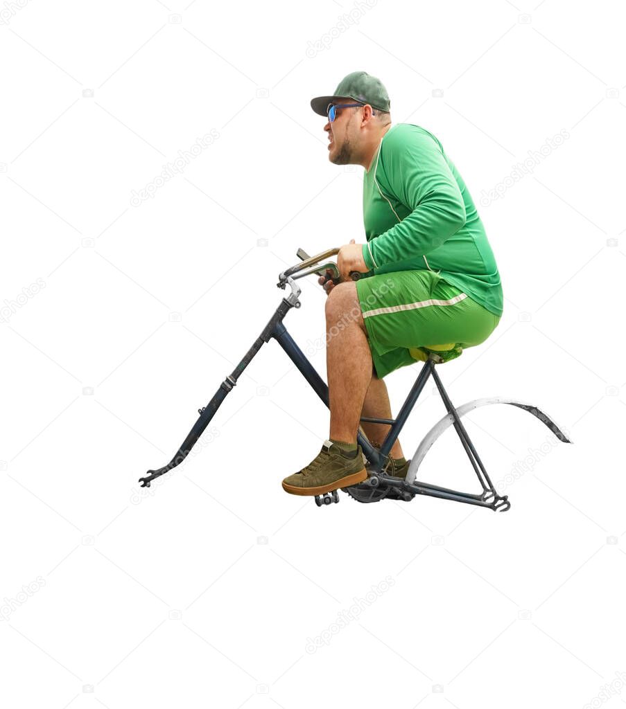  Man Riding bicycle without wheels on white Wall Background