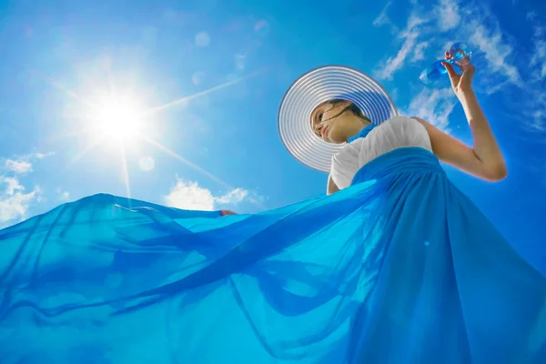 Low Angle Shooting Attractive Young Woman Wearing Long Blue Dress — Stock Photo, Image