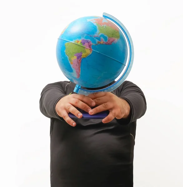 Man Wearing Black Holding Globe Front His Head Male Dark — Stock Photo, Image