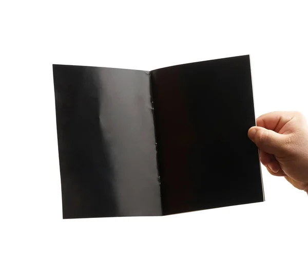 Male Hand Holding Black Blank Book Reader Copy Space Isolated — Stock Photo, Image