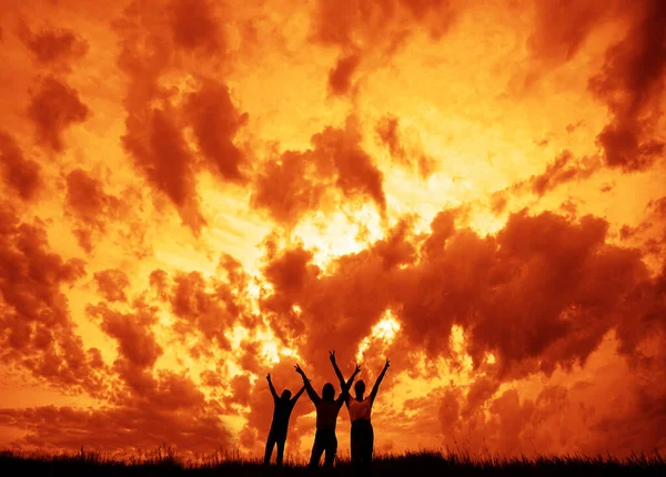 Silhouette Three People Two Women Man Raise Arms Joyfully Sunset — Stock Photo, Image