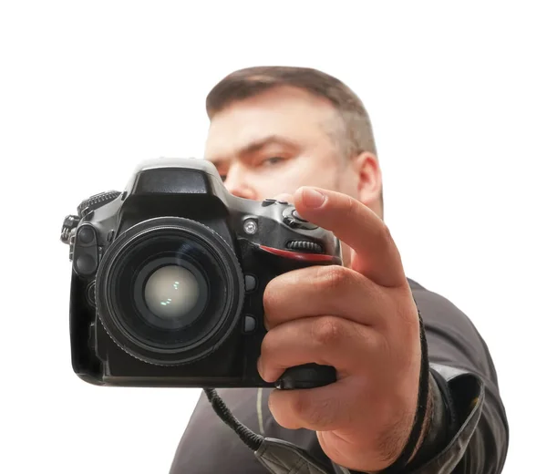 Fotógrafo Tomando Una Foto Con Cámara Réflex Lente Digital Hombre — Foto de Stock