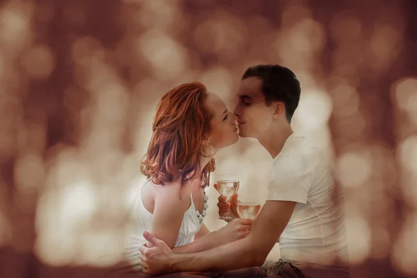 Loving Couple Drinking Wine Champagne Sunset River Bank Boyfriend Girl — Stock Photo, Image