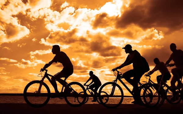 Spazio Vuoto Amici Sportivi Bicicletta Tramonto Ciclisti Cavallo Lungo Costa — Foto Stock