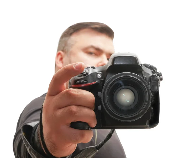 Fotógrafo Tirar Uma Foto Com Milímetros Câmera Reflexa Lente Digital — Fotografia de Stock