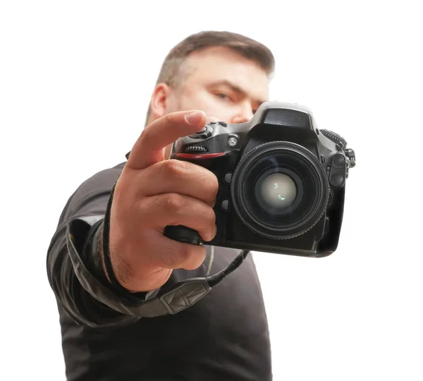 Fotógrafo Tomando Una Foto Con Cámara Réflex Lente Digital Hombre — Foto de Stock