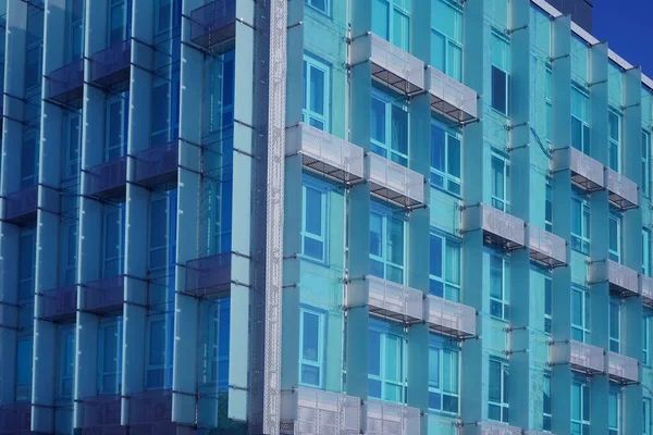 Fragment Abstrait Architecture Moderne Murs Verre Béton Bâtiment Moderne Bleu — Photo