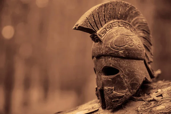 历史上复制斯巴达武士黑尔梅在松树林背景 小型迷你罗马头盔近景 — 图库照片
