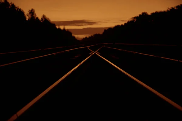 Ferrovia Movimento Tramonto Stazione Ferroviaria Con Effetto Motion Blur Contro — Foto Stock