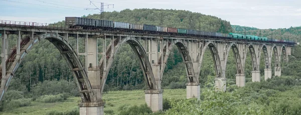 Vonat Viadukton Modern Vonat Átmegy Öreg Régi Íves Hídon Régi — Stock Fotó