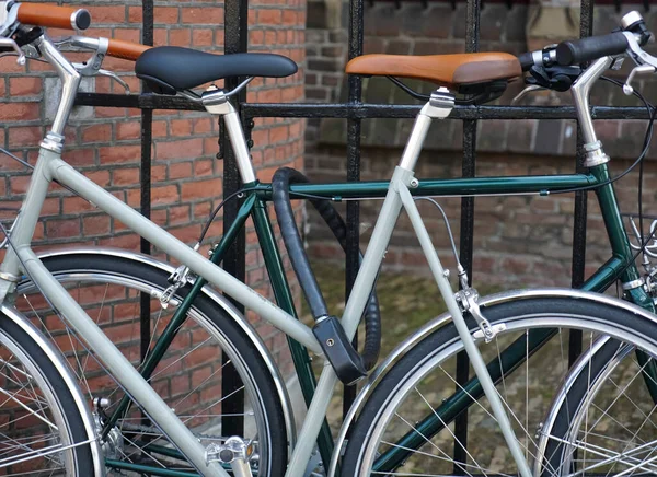 两辆经典的自行车被锁在黑色金属栅栏上 欧洲的街道 现代自行车 荷兰哈格 — 图库照片