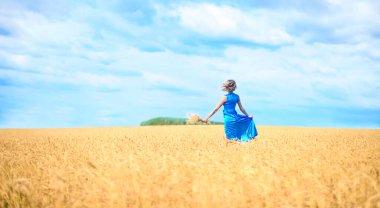 Romantik, ince bir kadın buğday tarlasında koşuyor açık mavi, zarif bir elbise giyiyor. 