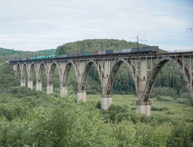  Viyadük 'te tren. Modern tren eski, eski kemer köprüsünden geçiyor. Eski viyadük demiryolu