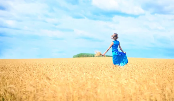 Romantické Štíhlé Žena Běží Přes Pšeničné Pole Sobě Jasně Modré — Stock fotografie