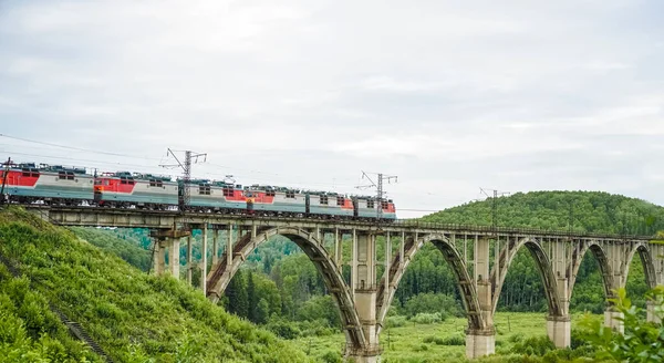 Kereta Viaduct Kereta Modern Melewati Jembatan Tua Lengkungan Antik Old — Stok Foto