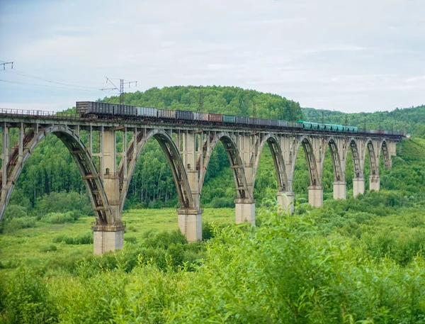 Treno Sul Viadotto Treno Moderno Passa Sopra Vecchio Ponte Arco — Foto Stock