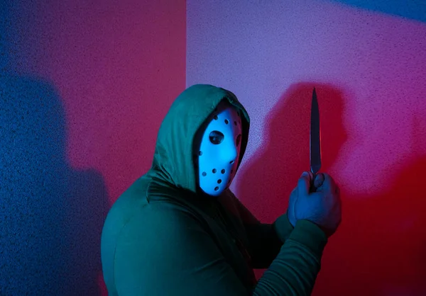 Man Attack Knife Guy Knife Hands Wearing Black Hood Threat — Stock Photo, Image
