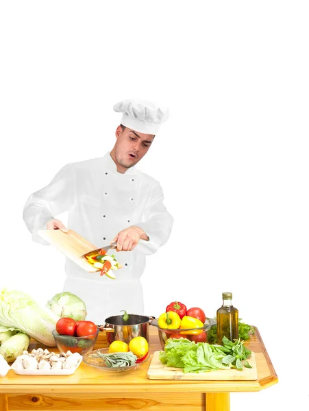 Retrato Del Joven Chef Cocinando Verduras Cocina Del Restaurante Espacio —  Fotos de Stock