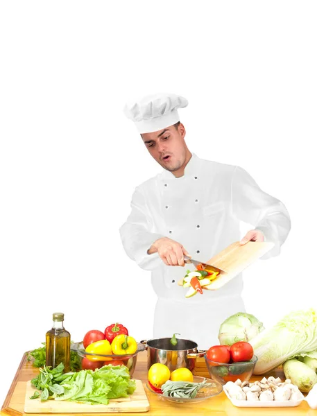 Retrato Del Joven Chef Cocinando Verduras Cocina Del Restaurante Espacio — Foto de Stock